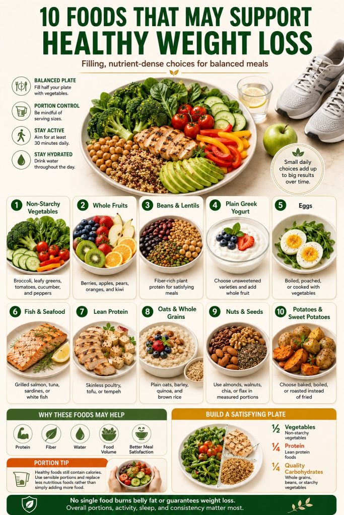 Ten nutritious foods that may support healthy weight loss, including vegetables, fruit, beans, yogurt, eggs, fish, oats, nuts, and sweet potatoes.