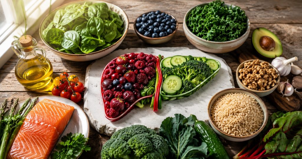 Healthy foods including salmon, spinach, walnuts, berries, olive oil and vegetables that may support liver health