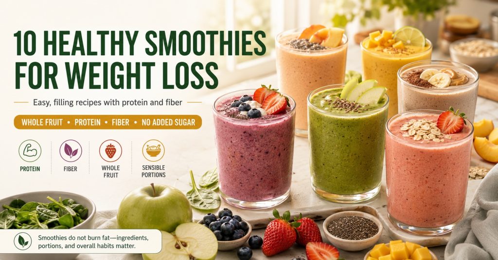 Ten healthy smoothies for weight loss made with berries, yogurt, oats, spinach, mango, pumpkin, cherries, tofu, chia seeds, and whole fruit