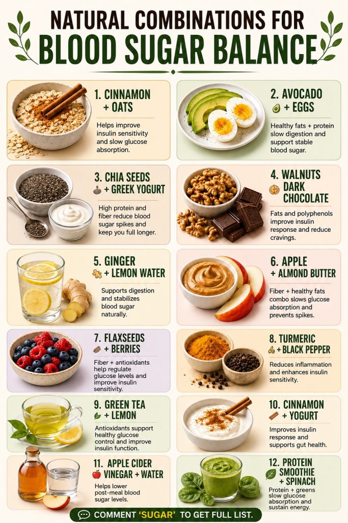 Twelve balanced food pairings that may support blood sugar management, including oats and cinnamon, yogurt and chia, apple and almond butter, and a spinach protein smoothie.