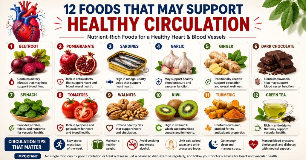 Twelve foods that may support healthy circulation, including beetroot, pomegranate, sardines, garlic, spinach, tomatoes, walnuts, kiwi, turmeric, and green tea