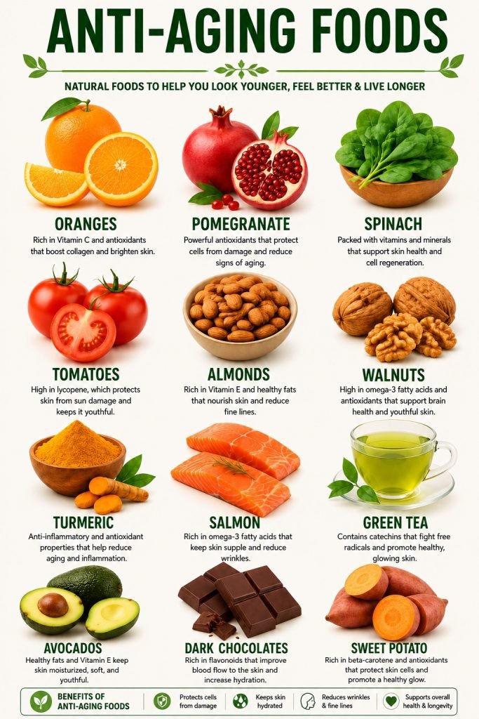 Twelve nutrient-rich foods that may support healthy aging, including oranges, spinach, tomatoes, nuts, salmon, avocado, green tea, and sweet potatoes