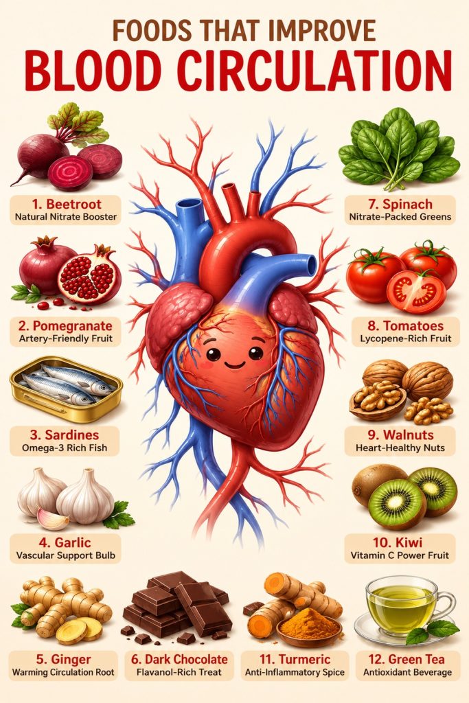 Twelve foods that may support healthy circulation, including beetroot, pomegranate, sardines, garlic, spinach, tomatoes, walnuts, kiwi, turmeric, and green tea