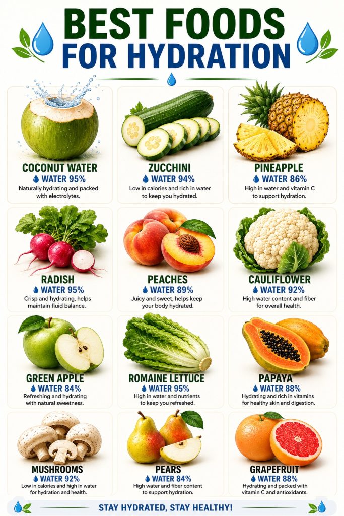 Fifteen water-rich foods that support hydration, including cucumber, watermelon, strawberries, tomatoes, lettuce, pineapple, apples, and pears