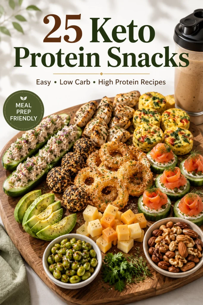 25 keto protein snacks featuring low carb high protein recipes including keto protein balls, protein shakes, egg muffins, chicken bites, and healthy snack ideas.