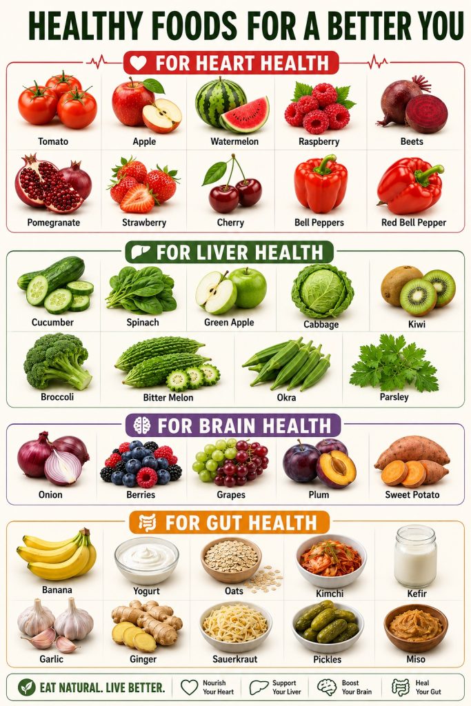 Thirty foods that may support heart, liver, brain and gut health, including berries, vegetables, salmon, walnuts, oats, yogurt and fermented foods.