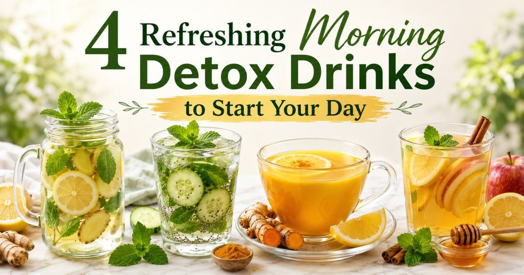 Four refreshing morning drinks made with lemon, ginger, cucumber, mint, turmeric, chia seeds, and apple cider vinegar