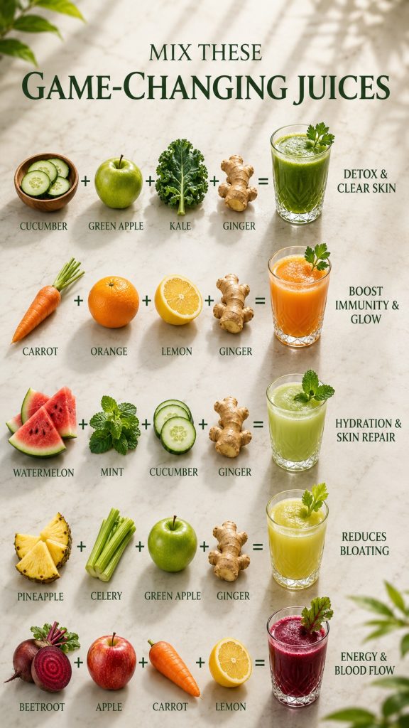 Five healthy juice recipes made with cucumber, apple, kale, carrot, orange, watermelon, pineapple, beetroot, lemon, mint, and ginger