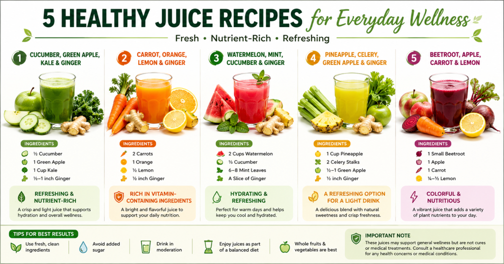 Five healthy juice recipes made with cucumber, apple, kale, carrot, orange, watermelon, pineapple, beetroot, lemon, mint, and ginger