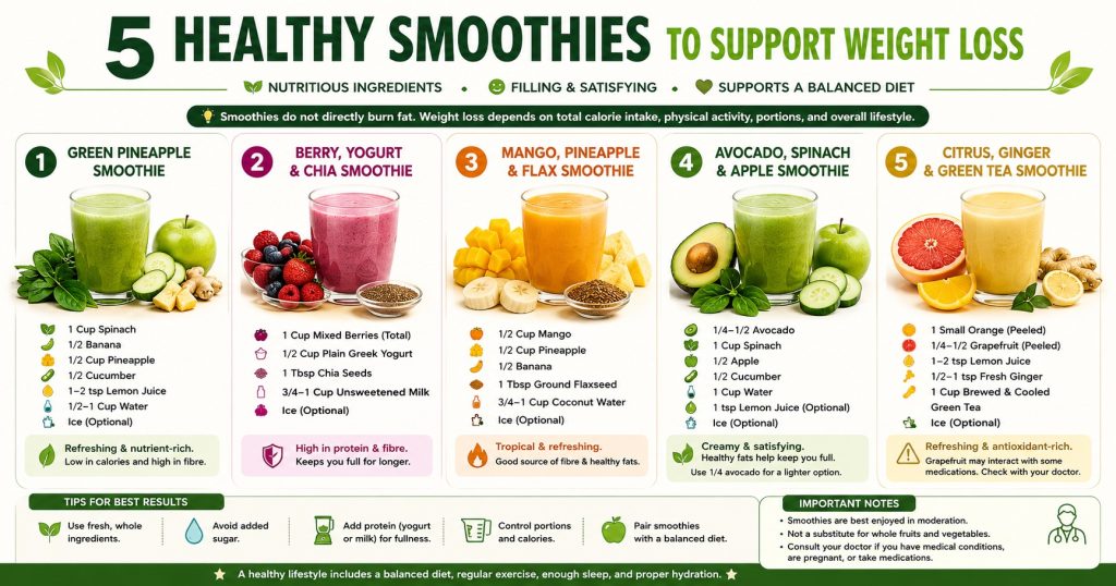 Five healthy smoothie recipes made with spinach, berries, yogurt, mango, avocado, citrus fruit, seeds, and unsweetened liquids