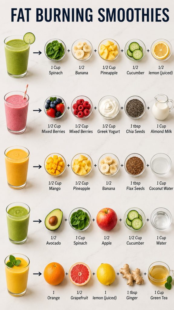 Five healthy smoothie recipes made with spinach, berries, yogurt, mango, avocado, citrus fruit, seeds, and unsweetened liquids