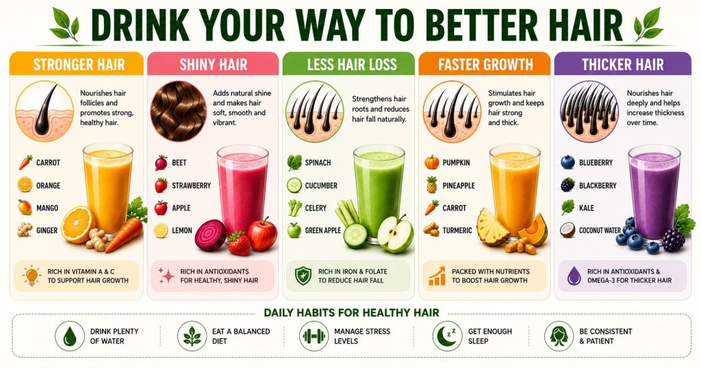 Five nutrient-rich smoothies made with carrots, berries, spinach, pumpkin, kale, yogurt, and fruit as part of a hair-healthy diet
