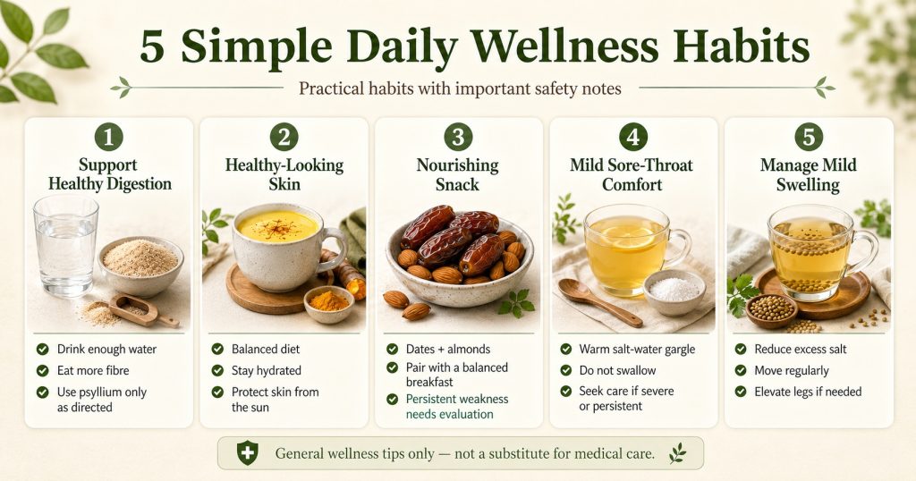 Five everyday wellness habits for digestion, nutritious eating, skin support, sore-throat comfort, and managing mild swelling