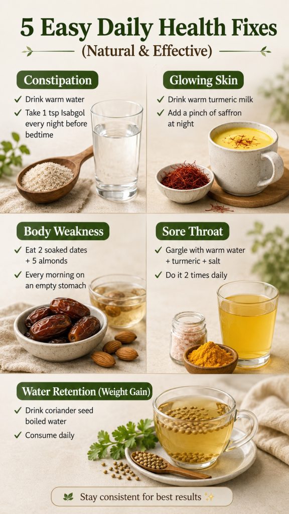 Five everyday wellness habits for digestion, nutritious eating, skin support, sore-throat comfort, and managing mild swelling