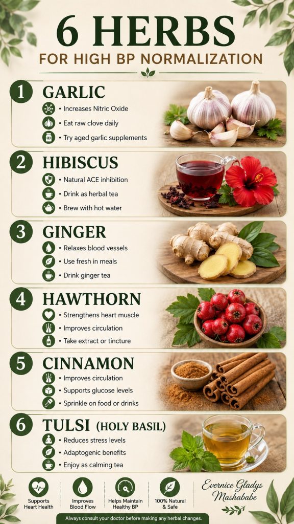 Six herbs commonly discussed for blood-pressure support, including garlic, hibiscus, ginger, hawthorn, cinnamon and tulsi