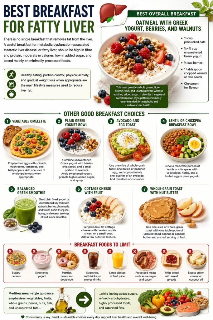 Healthy breakfast for fatty liver with oatmeal, berries, Greek yogurt, walnuts, eggs, avocado, and whole-grain toast.
