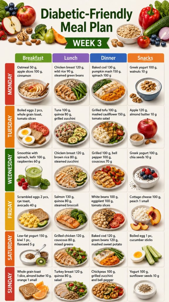 Seven-day diabetes-friendly meal plan with balanced breakfast, lunch, dinner, and snack ideas
