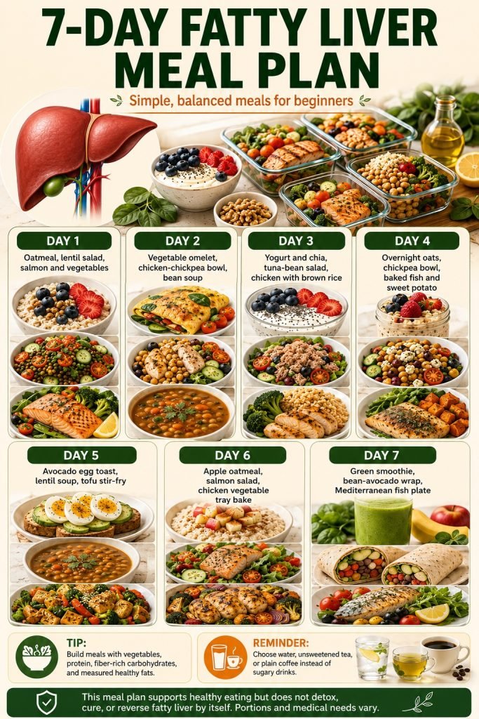 A seven-day fatty liver meal plan with oatmeal, berries, vegetables, salmon, beans, whole grains, yogurt, and healthy fats.