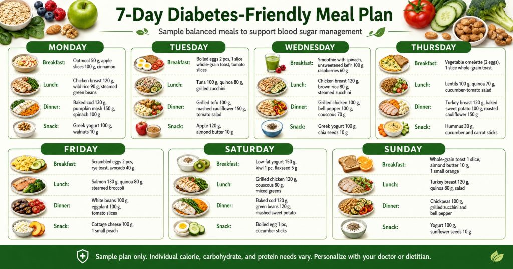 Seven-day diabetes-friendly meal plan with balanced breakfast, lunch, dinner, and snack ideas.