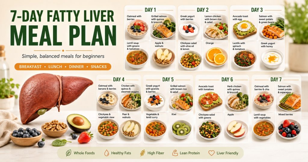 A seven-day fatty liver meal plan with oatmeal, berries, vegetables, salmon, beans, whole grains, yogurt, and healthy fats.
