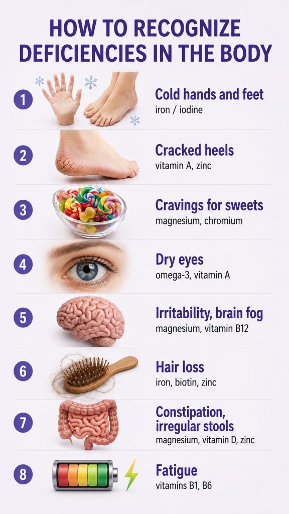 Eight possible signs associated with nutrient deficiencies, including fatigue, hair loss, dry eyes, cold hands and feet, and brain fog