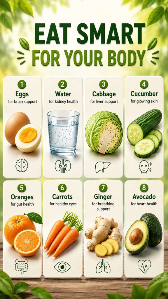 Eight everyday foods that support a balanced diet, including eggs, water, cabbage, cucumber, oranges, carrots, ginger, and avocado