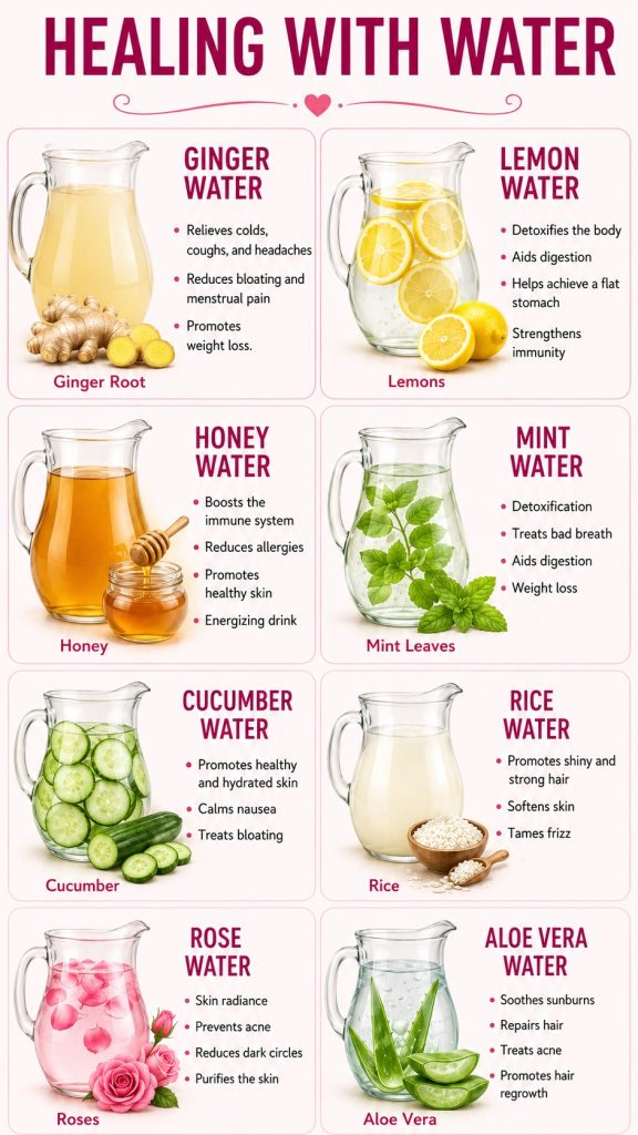Eight infused waters made with ginger, lemon, honey, mint, cucumber, rice, rose, and aloe vera, with realistic wellness and safety notes