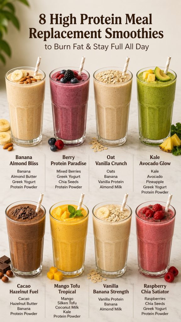 Eight high-protein smoothies made with banana, berries, oats, kale, avocado, cacao, mango, tofu, Greek yogurt, and chia seeds.