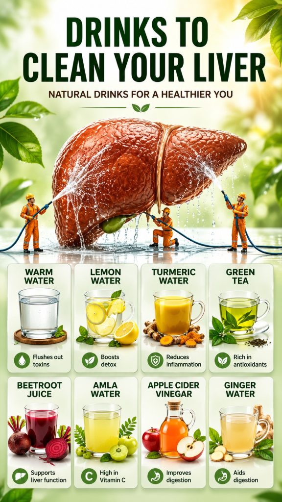 Eight natural drinks that may support a balanced liver-healthy lifestyle, including water, lemon water, turmeric, green tea, beetroot, amla, apple cider vinegar, and ginger water