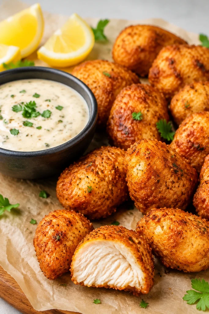 Juicy air fryer chicken bites served with garlic dipping sauce.