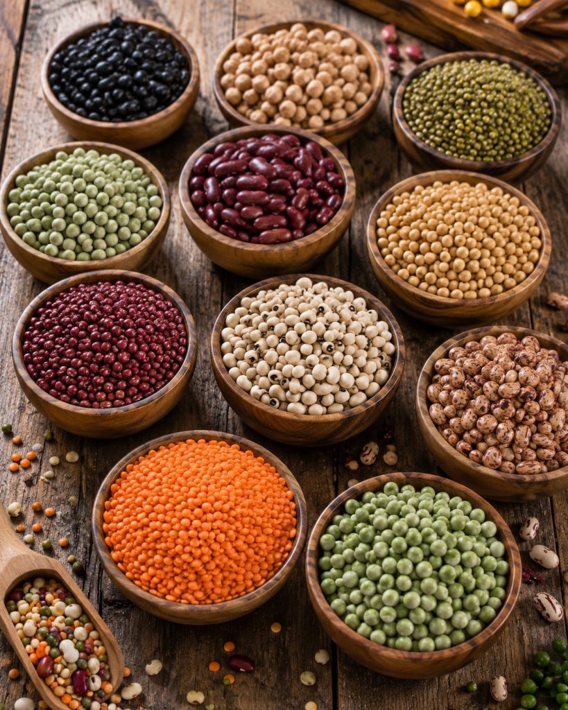 Mixed beans, lentils and chickpeas as high-fiber plant-based protein foods