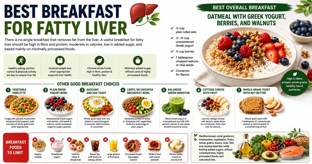 Seven balanced breakfast ideas for fatty liver, including oatmeal, yogurt, eggs, avocado toast, smoothies, and whole grains.