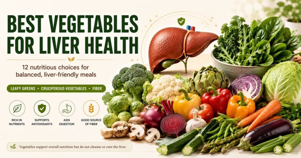 A colorful selection of leafy greens, broccoli, tomatoes, peppers, carrots and other vegetables beside a clean liver illustration representing liver-friendly nutrition.