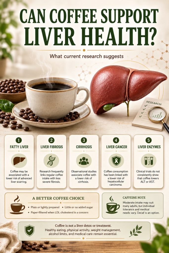 A cup of plain coffee beside roasted coffee beans and a clean liver illustration representing research on coffee and liver health