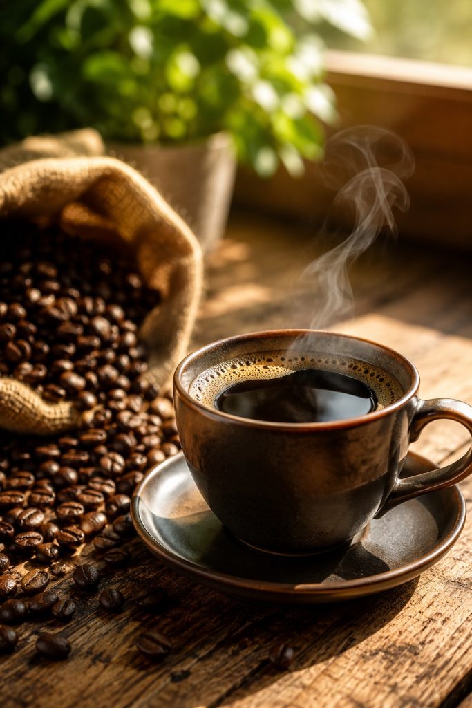 Cup of black coffee with roasted coffee beans on a wooden table for liver-friendly lifestyle