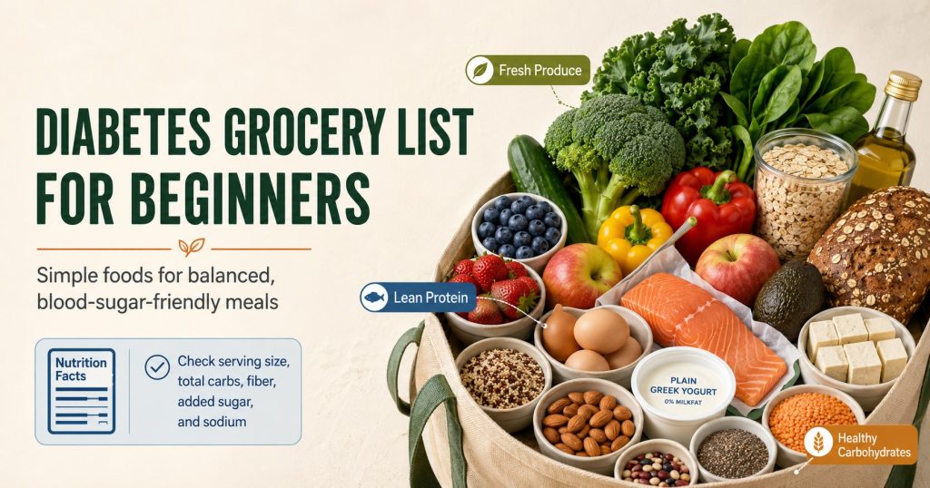 Diabetes grocery list for beginners featuring vegetables, berries, beans, whole grains, salmon, eggs, plain Greek yogurt, tofu, nuts, seeds, avocado, and healthy grocery-shopping tips.