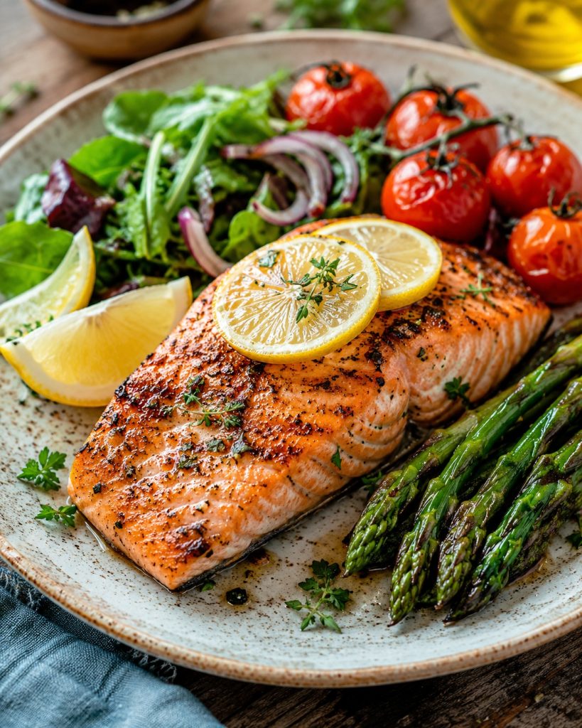 Grilled salmon served with vegetables as part of a liver-friendly Mediterranean diet