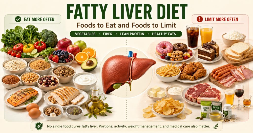 Fatty liver diet showing foods to eat, including vegetables, fish, oats, beans, fruit and healthy fats, alongside sugary, fried and processed foods to limit