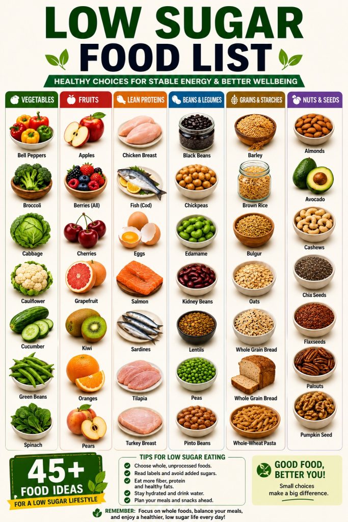 Forty-six foods that may support healthy blood sugar management, grouped into vegetables, fruits, lean proteins, legumes, whole grains, nuts and seeds