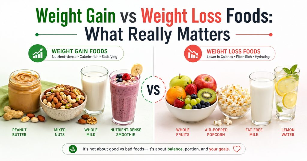 Comparison of calorie-dense foods that may support weight gain and lower-calorie foods that may support weight loss.