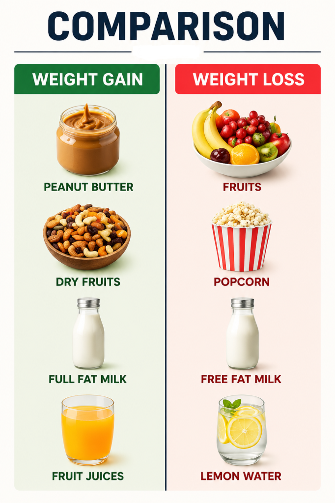 Comparison of calorie-dense foods that may support weight gain and lower-calorie foods that may support weight loss.