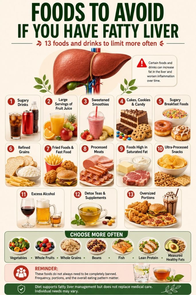 Foods to avoid or limit with fatty liver, including sugary drinks, fried foods, processed meats, pastries, refined grains, and alcohol.