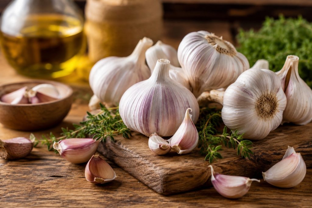 Fresh garlic bulbs and cloves on a rustic wooden kitchen table