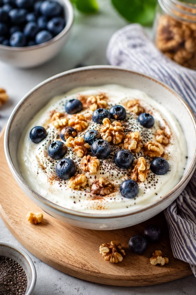 Greek yogurt protein bowl with walnuts blueberries and chia seeds.