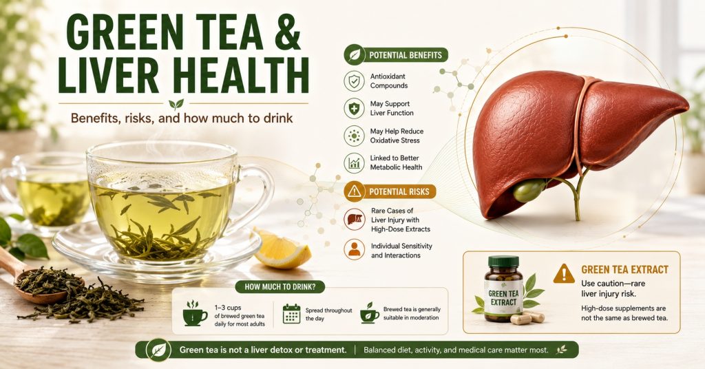 A cup of brewed green tea with fresh tea leaves beside a clean liver illustration representing the benefits and risks of green tea for liver health