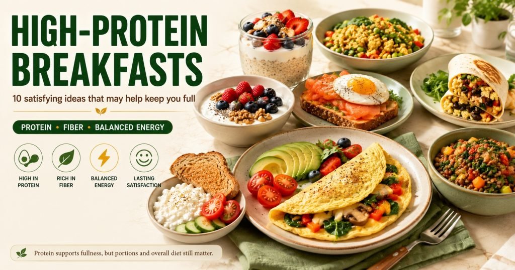 A selection of high-protein breakfasts, including eggs, Greek yogurt, oats, beans, tofu, cottage cheese, berries, and whole-grain toast.