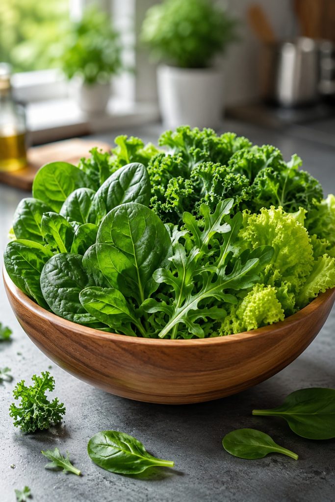 Fresh spinach, kale and leafy green vegetables rich in nutrients for a balanced diet