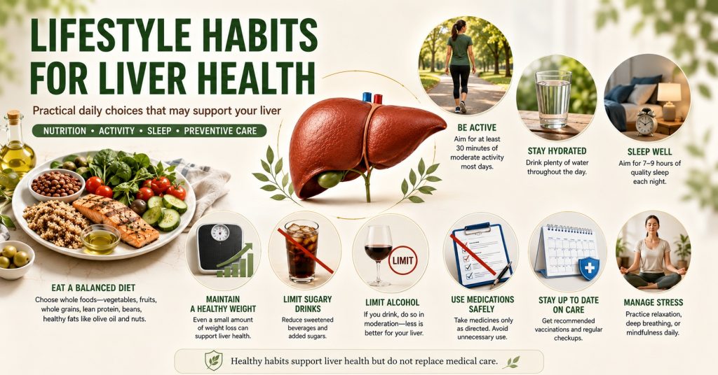 Lifestyle habits that may support liver health, including balanced meals, walking, adequate sleep, water, alcohol limits, and medical checkups