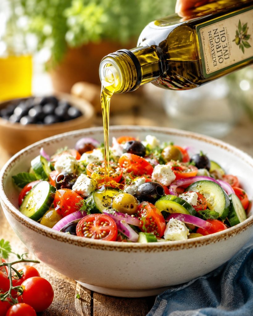 Extra virgin olive oil poured over a fresh vegetable salad