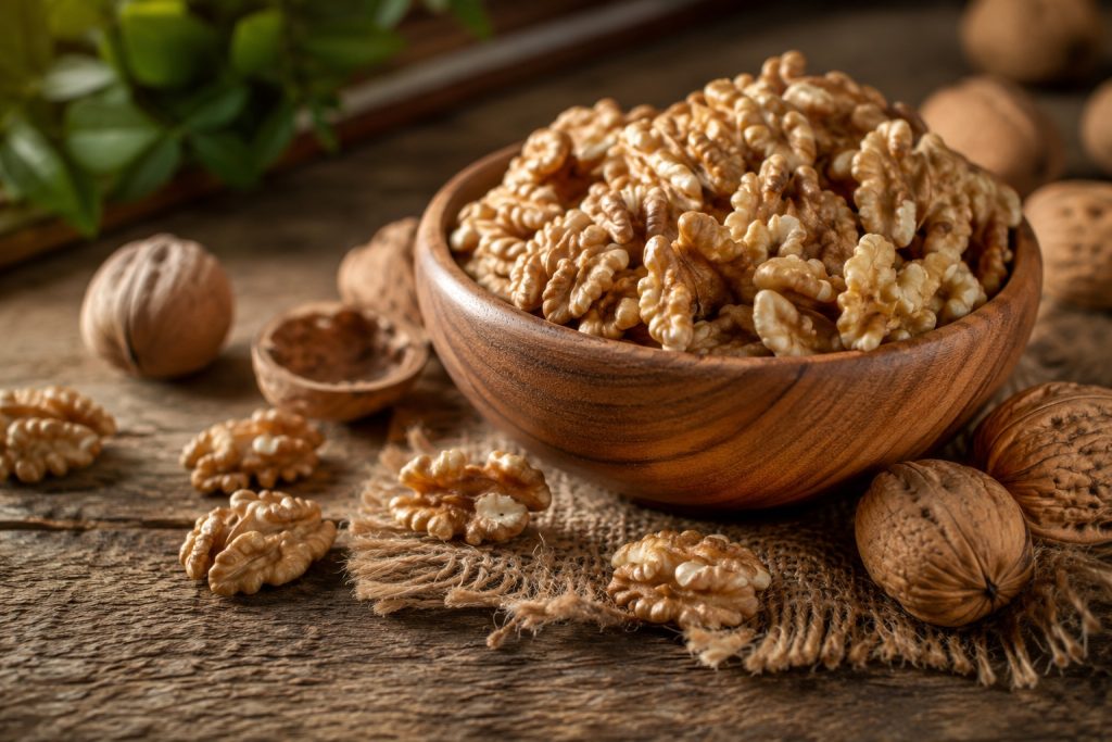 Fresh walnuts in a wooden bowl providing healthy fats and plant nutrients